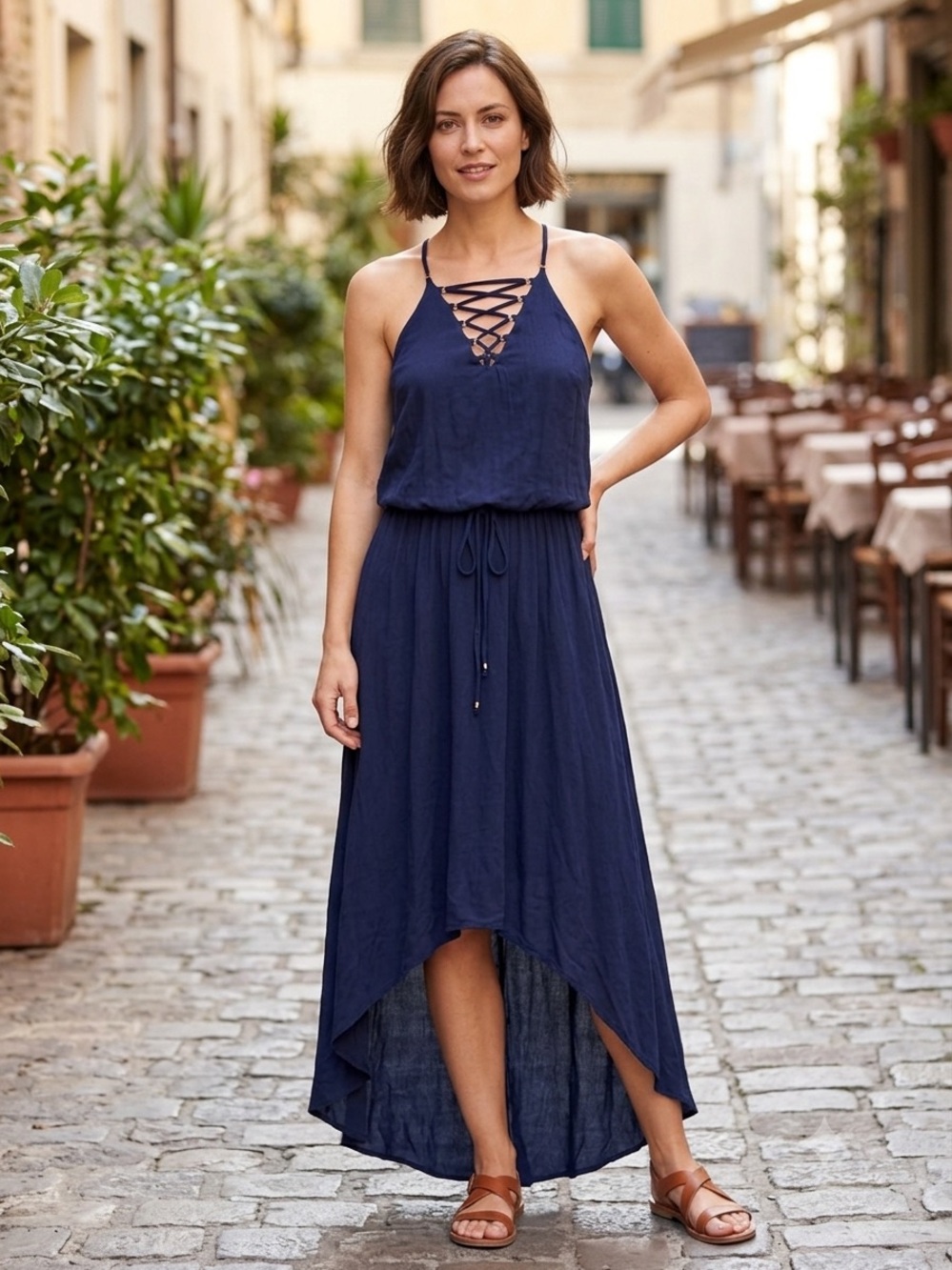 New Bisou Bisou Navy Lace-Up High-Low Maxi Dress